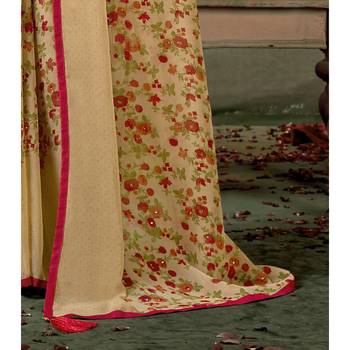 Beige printed pure chiffon saree with blouse 3