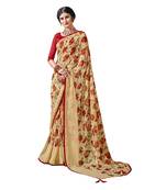 Cream printed pure chiffon saree with blouse