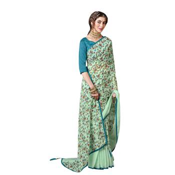 Light green printed pure chiffon saree with blouse 1