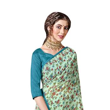 Light green printed pure chiffon saree with blouse 2