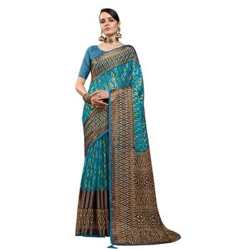 Blue printed brasso saree with blouse 1
