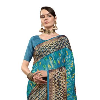 Blue printed brasso saree with blouse 2