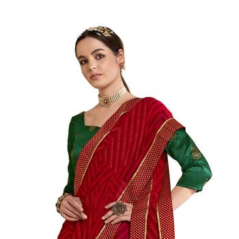 Red printed pure georgette saree with blouse 2
