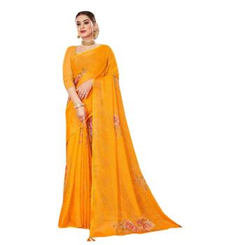 Yellow printed brasso saree with blouse 1