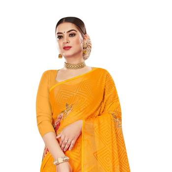 Yellow printed brasso saree with blouse 2