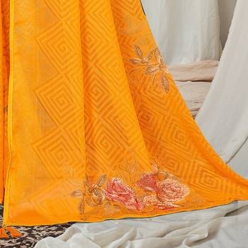 Yellow printed brasso saree with blouse 3