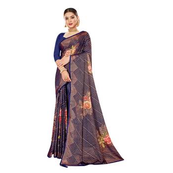 Navy blue printed brasso saree with blouse 1