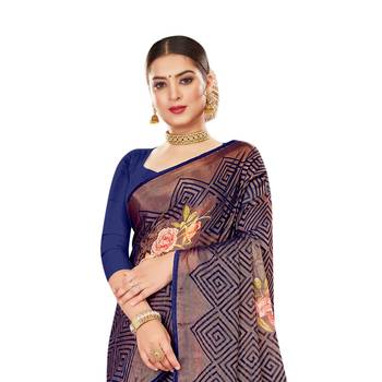 Navy blue printed brasso saree with blouse 2