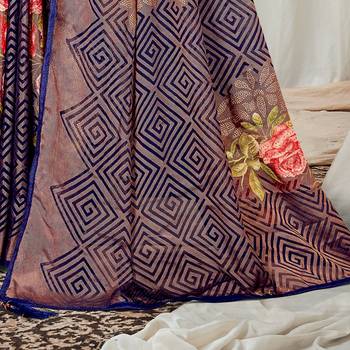 Navy blue printed brasso saree with blouse 3