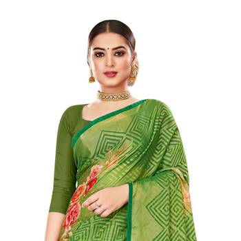 Green printed brasso saree with blouse 2