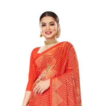 Orange printed brasso saree with blouse 2