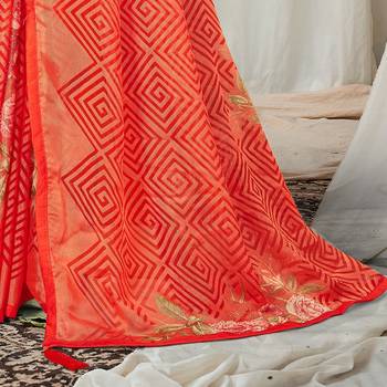 Orange printed brasso saree with blouse 3