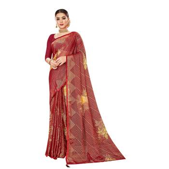 Maroon printed brasso saree with blouse 1