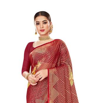 Maroon printed brasso saree with blouse 2