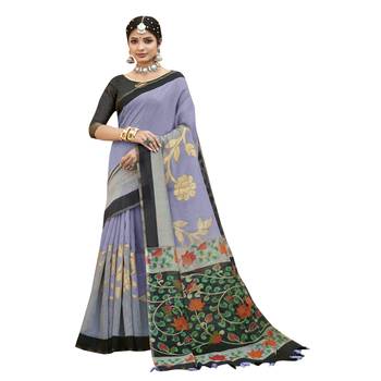 Blue printed pure cotton saree with blouse 1