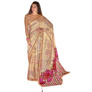Peach printed chiffon saree with blouse 1