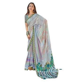 Light blue printed chiffon saree with blouse 1