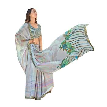 Light blue printed chiffon saree with blouse 2