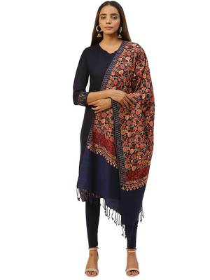 Navy Blue & Multi Floral Embroidered Acrowool Shawl 1