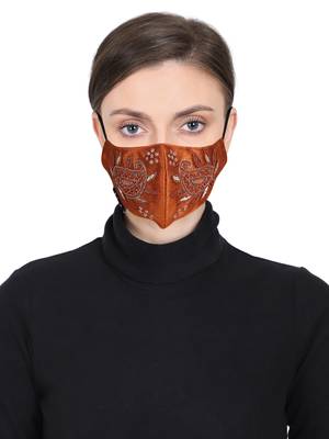 3-Ply Reusable Tan Paisley Embellished Art Silk Fabric Fashion Mask 1