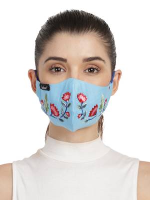 3-Ply Pastel Blue & Multi Cotton Floral Embroidered Fabric Fashion Mask 1
