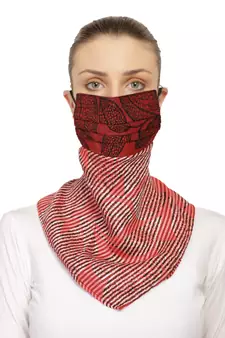 3-Ply Reusable Red & White Striped Leaf Printed Viscose Rayon Scarf Style Fashion Mask