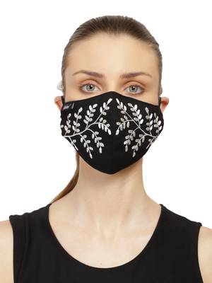 3-Ply Reusable Black & White Leaf Embroidered Cotton Fabric Fashion Mask 1