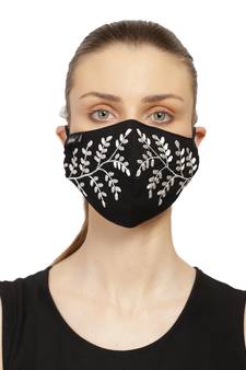 3-Ply Reusable Black & White Leaf Embroidered Cotton Fabric Fashion Mask
