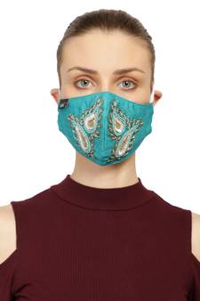 3-Ply Turquoise Blue & Multi Art Silk Embellished Fabric Fashion Mask