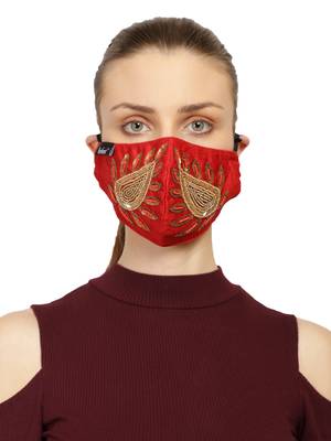 3-Ply Red & Gold Art Silk Embellished Fabric Fashion Mask 1