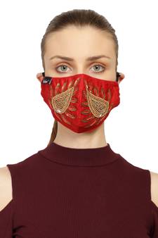 3-Ply Red & Gold Art Silk Embellished Fabric Fashion Mask