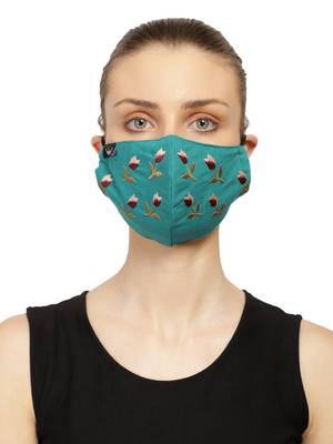 3-Ply Reusable Turquoise & Multi Floral Embroidered Cotton Fabric Fashion Mask 1