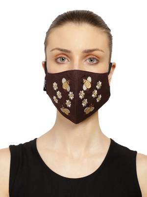 3-Ply Reusable Brown & White Honey Bee Embroidered Cotton Fabric Fashion Mask 1
