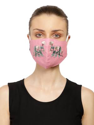 3-Ply Reusable Pink & Green Floral Leaf Embroidered Cotton Fabric Fashion Mask 1