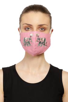 3-Ply Reusable Pink & Green Floral Leaf Embroidered Cotton Fabric Fashion Mask