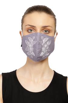 3-Ply Reusable Grey & White Floral Embroidered Cotton Fabric Fashion Mask