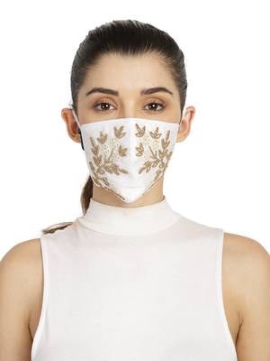 3-Ply White & Gold Art Silk Embellished Fabric Fashion Mask 1