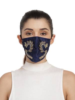 3-Ply Navy Blue & Multi Art Silk Embellished Fabric Fashion Mask 1