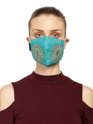 3-Ply Turquoise & Gold Art Silk Embellished Fabric Fashion Mask 1