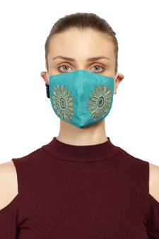 3-Ply Turquoise & Gold Art Silk Embellished Fabric Fashion Mask