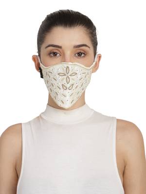 3-Ply White & Gold Art Silk Embellished Fabric Fashion Mask 1