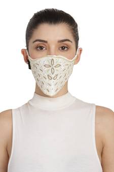 3-Ply White & Gold Art Silk Embellished Fabric Fashion Mask