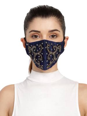  3-Ply Navy Blue & Multi Art Silk Embellished Fabric Fashion Mask 1