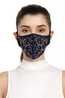  3-Ply Navy Blue & Multi Art Silk Embellished Fabric Fashion Mask