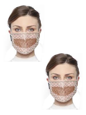 2 Peach, White & Gold 3-Ply Art Silk Embellished Fabric Fashion Mask 1