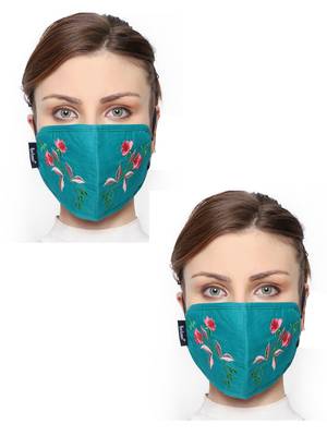 2 Turquoise & Multi 3-Ply Cotton Floral Embroidered Fabric Fashion Mask 1