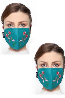 2 Turquoise & Multi 3-Ply Cotton Floral Embroidered Fabric Fashion Mask