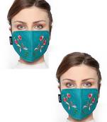 2 Turquoise & Multi 3-Ply Cotton Floral Embroidered Fabric Fashion Mask