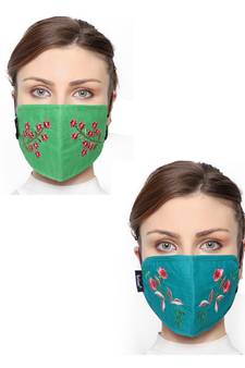 2 Multicolor 3-Ply Cotton Floral Embroidered Fabric Fashion Mask