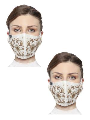 2 White & Gold 3-Ply Art Silk Embellished Fabric Fashion Mask 1